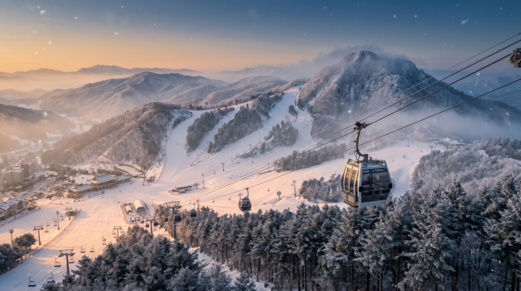 Yongpyong Resort gondola cable car over snow-covered slopes at golden hour in South Korea
