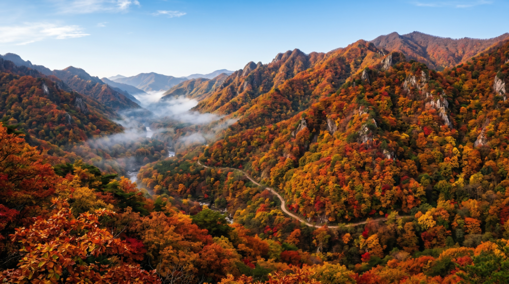 Stunning autumn foliage covering a Korean mountain valley during fall season in Korea