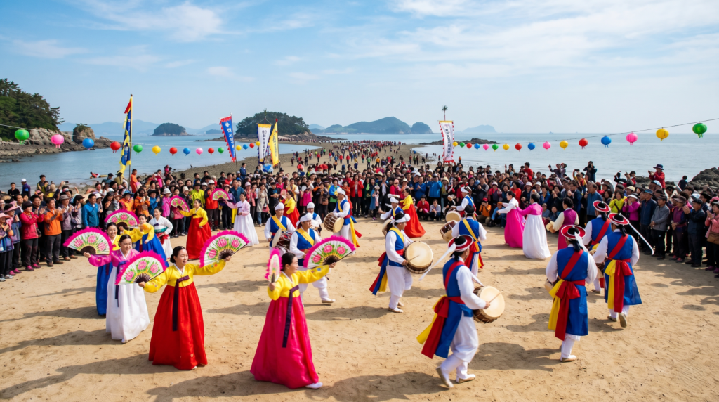 Traditional Korean hanbok performers playing percussion instruments and dancing at the Jindo Uhangri Sea Parting Festival with crowds watching
