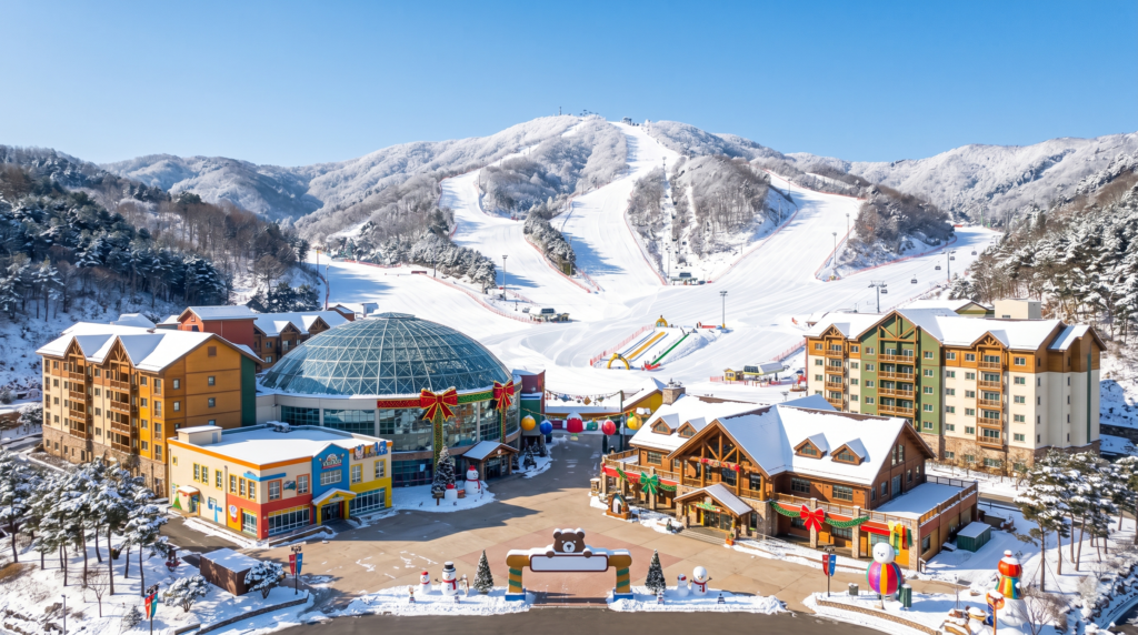 Family-friendly ski resort base area with gentle beginner slopes and modern lodge buildings in South Korea
