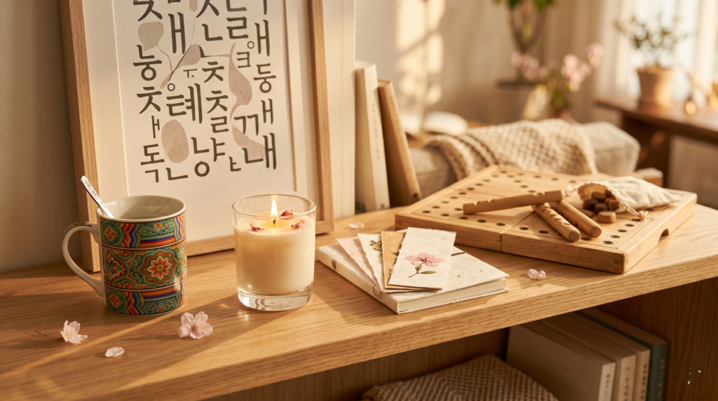 Korean lifestyle and home decor souvenirs including dancheong patterned mug, scented candle, Hangeul art print, hanji stationery and Yutnori board game on wooden shelf