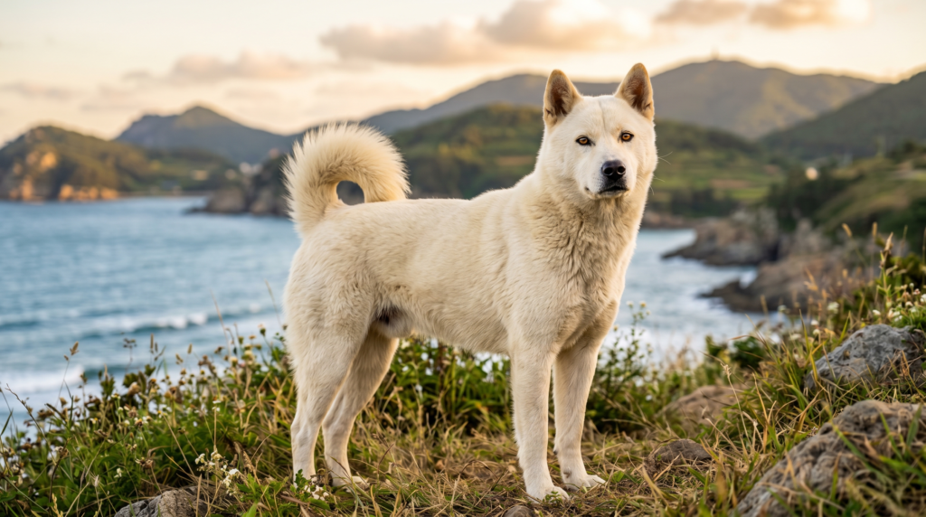 Purebred Korean Jindo dog standing alert on a grassy hillside in Jindo Island with coastal scenery in the background