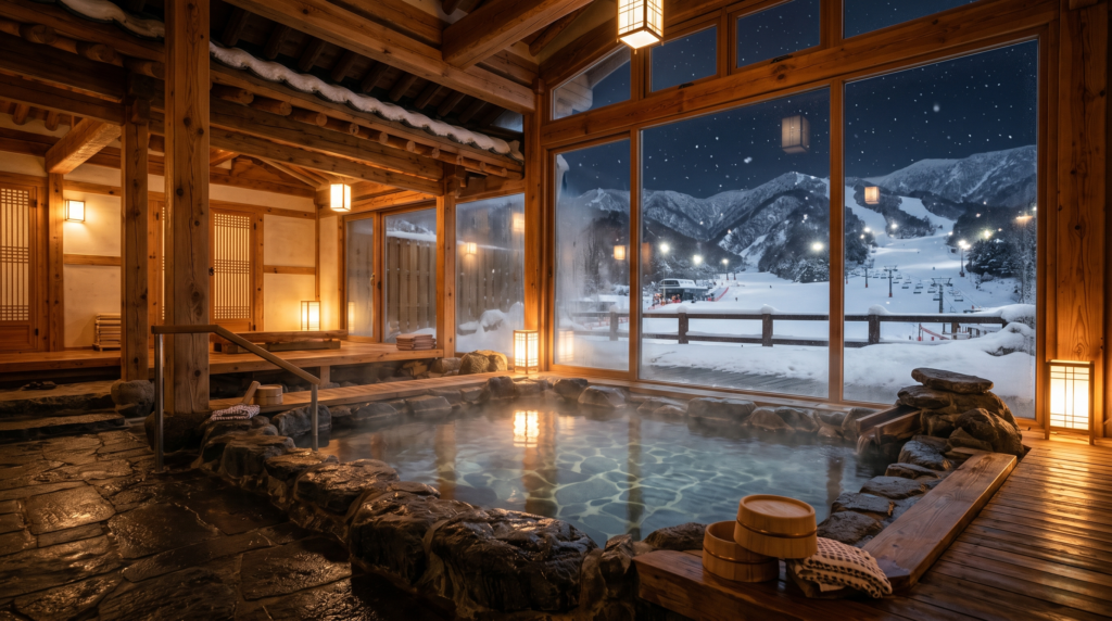 Traditional Korean jjimjilbang hot spring spa interior with steam rising and snow-covered mountain view outside