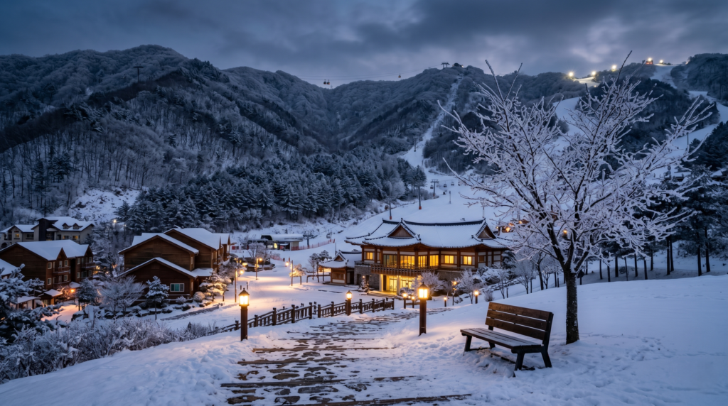 Snow-covered Korean ski resort at dusk with warm lodge lighting evoking classic K-drama winter romance scene