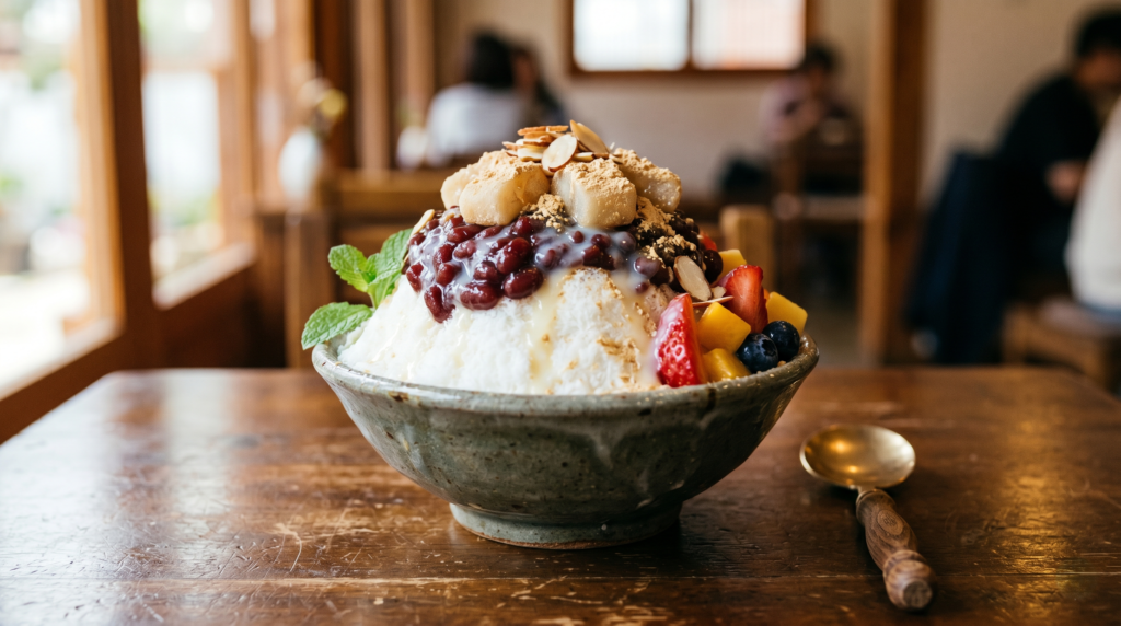 Traditional Korean patbingsu shaved ice dessert topped with red beans rice cakes and fresh fruit served in a ceramic bowl