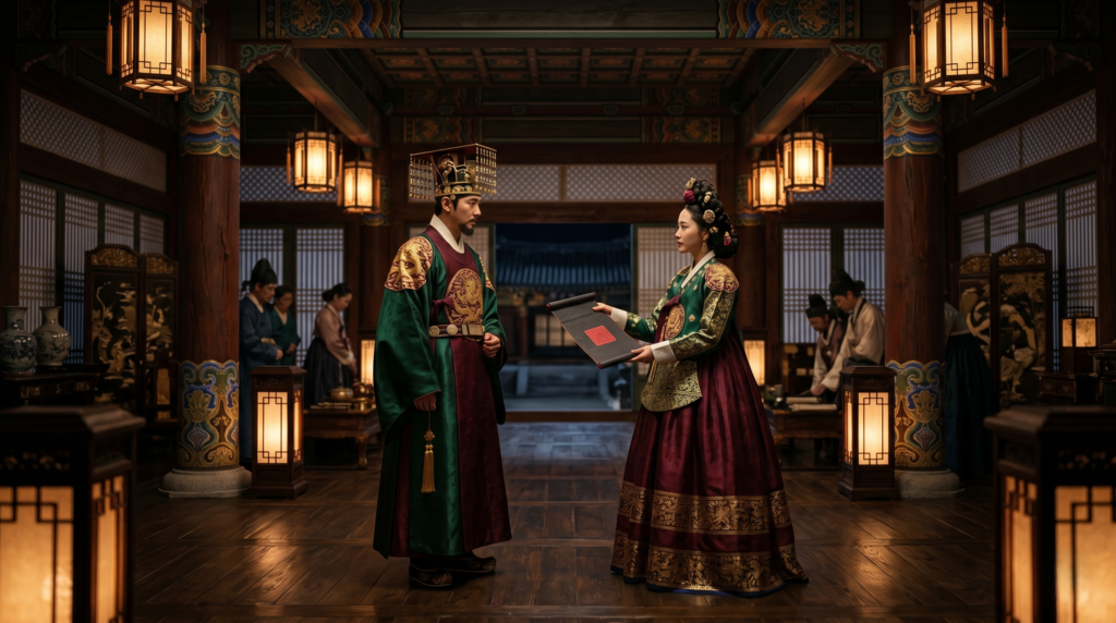 Korean historical drama sageuk scene with royal court figures in Goryeo Dynasty hanbok costumes in an ornate palace hall