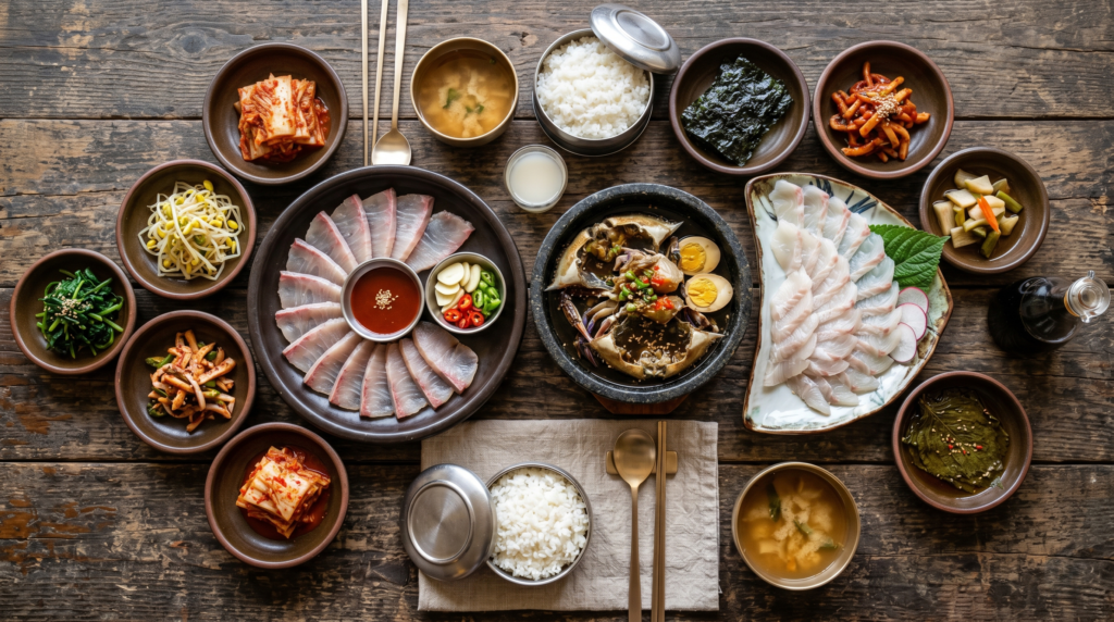 Traditional Jindo Island Korean seafood spread featuring hongeo fermented skate fish, ganjang gejang raw crab, and fresh hoe with banchan side dishes