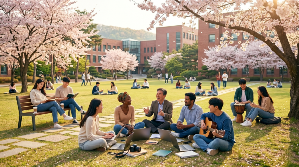 Korean and international students socializing on a sunny university campus lawn in South Korea