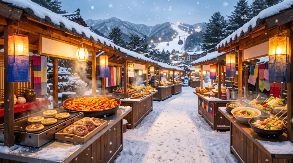 Korean winter street food market near ski resort with hotteok tteokbokki and ramyeon stalls glowing in snow