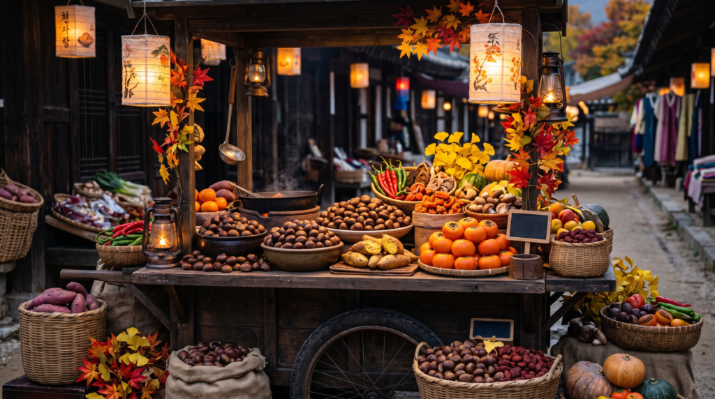 Traditional Korean autumn street market stall with roasted chestnuts, persimmons, and seasonal harvest foods