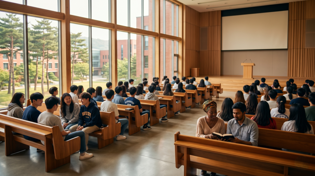 Diverse university students gathered inside a modern Korean university chapel reflecting faith-based community culture