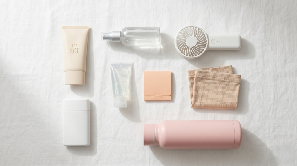 Korean summer skincare and travel essentials flat lay including sunscreen facial mist UV arm sleeves and portable fan