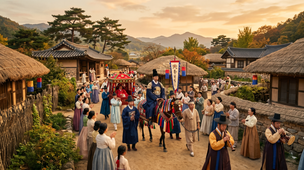 A Joseon Dynasty Korean wedding procession with groom in ceremonial Gwanbok robes riding through a traditional village