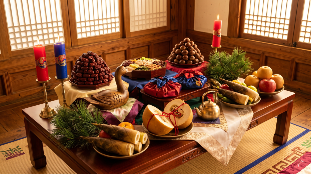 A traditional Korean Honsang wedding table arranged with symbolic items including candles, dates, chestnuts, pine branches and a carved wooden goose