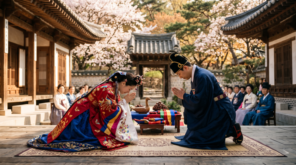 A Korean bride and groom in full ceremonial Hanbok performing the traditional Gyobaerye bowing ritual during a Jeonangnye wedding ceremony