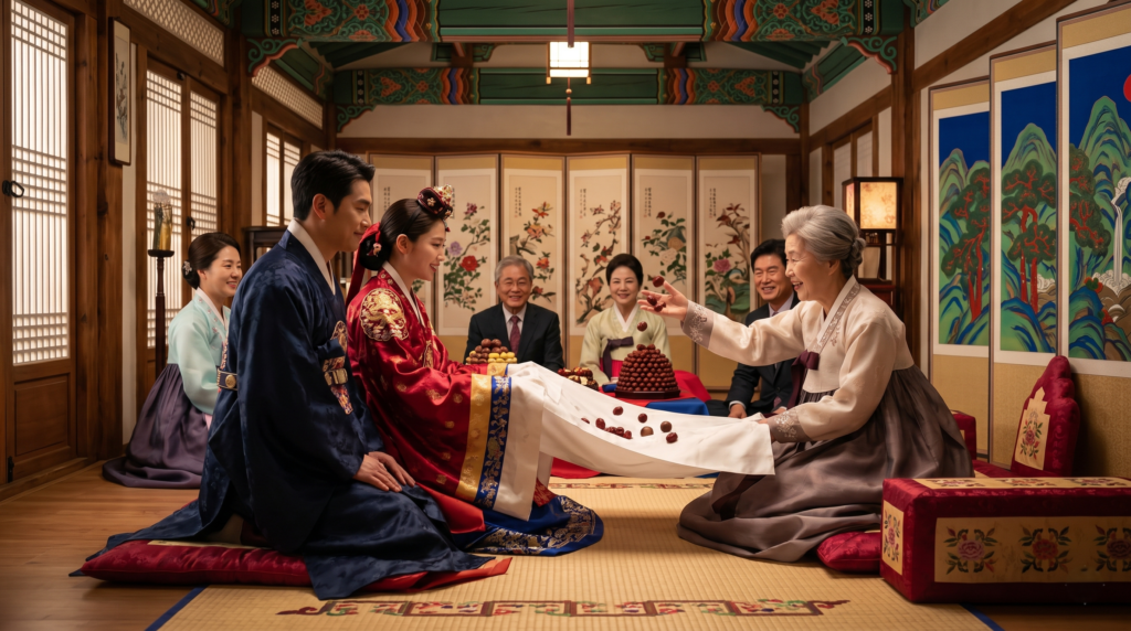A Korean Paebaek ceremony where family elders toss dates and chestnuts toward the bride in a traditional hanok setting