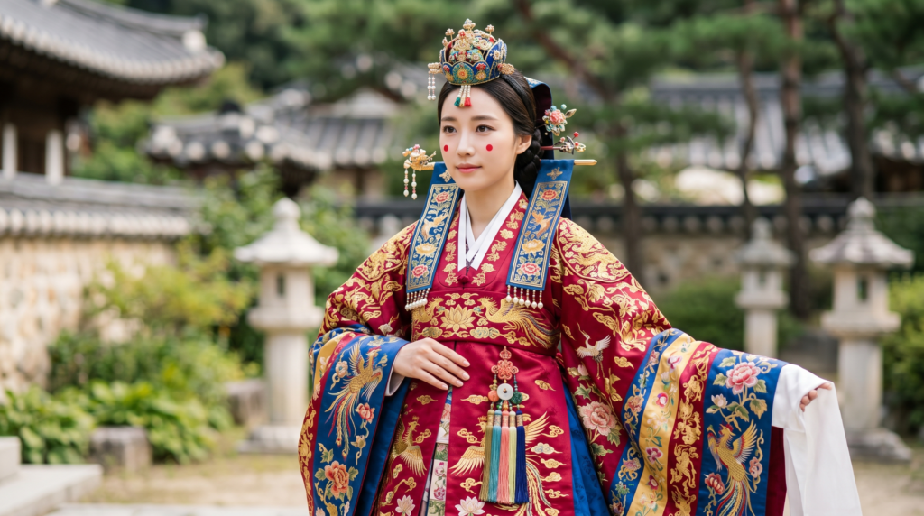 A Korean bride wearing a traditional Hwarot ceremonial Hanbok robe embroidered with phoenixes and peonies wearing a Jokduri crown
