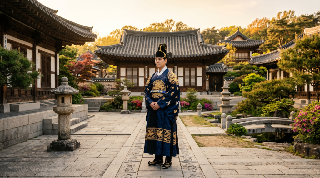 A Korean groom in traditional Gwanbok ceremonial robe and Samo hat standing in a classic Joseon era hanok courtyard