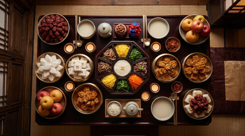 Traditional Korean wedding foods including Baekseolgi rice cakes and Gujeolpan nine sectioned dish arranged on a lacquered table