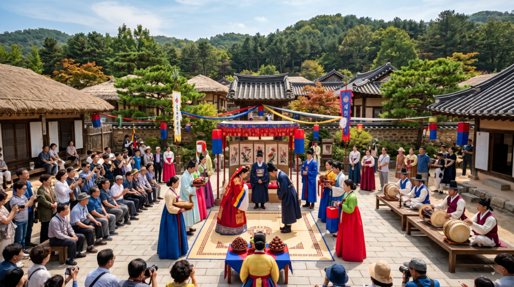 A traditional Korean wedding ceremony reenactment performed by actors in full Joseon era Hanbok at a Korean folk village cultural venue