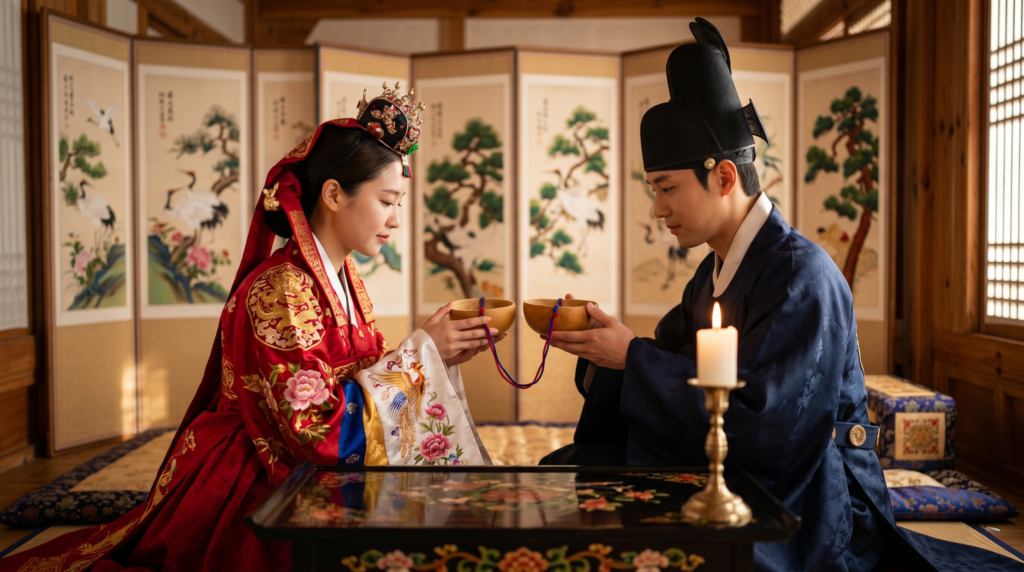 A Korean bride and groom performing the Hapgeunrye shared gourd cup ritual during a traditional Jeonangnye wedding ceremony
