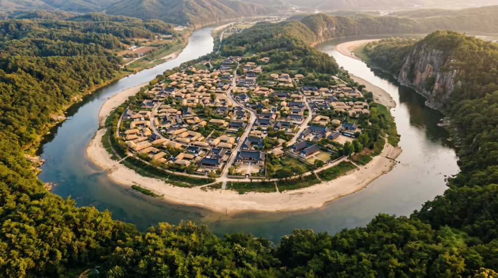 Aerial view of Hahoe Folk Village Andong South Korea surrounded by river bend and pine forest