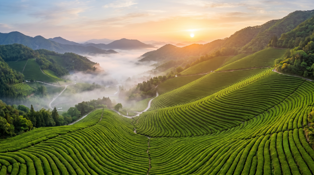 Aerial view of Boseong green tea fields South Korea with emerald terraced rows and morning mist at sunrise
