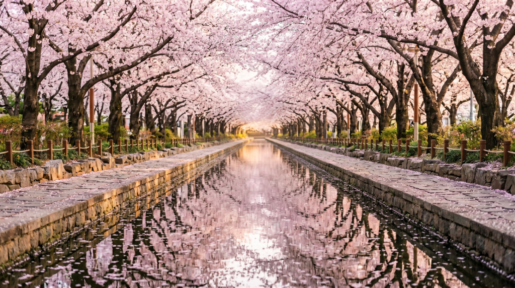  Cherry blossom trees reflected in a canal at Jinhae Gunhangje Festival South Korea spring