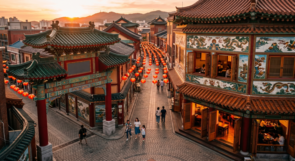 Incheon Chinatown gate and lantern-lit alleyways in South Korea at golden hour