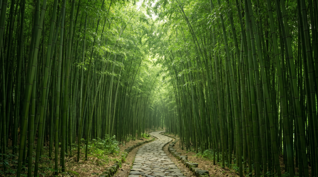 Towering bamboo forest path in Juknokwon Damyang South Korea with soft morning light filtering through green canopy