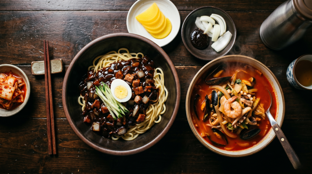 Traditional jajangmyeon and jjamppong Korean Chinese noodle dishes originating from Incheon South Korea