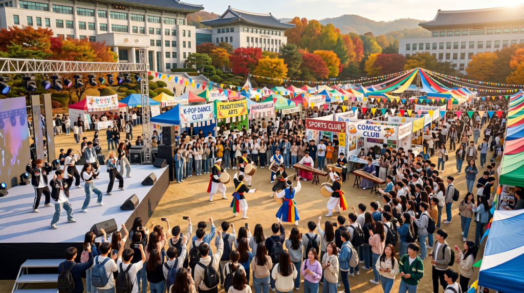 Korean university students participating in a dongari club festival on campus