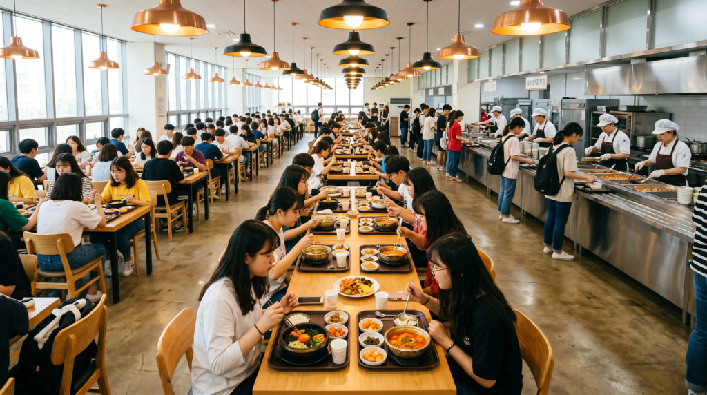 Korean university cafeteria with students enjoying traditional Korean meals on campus