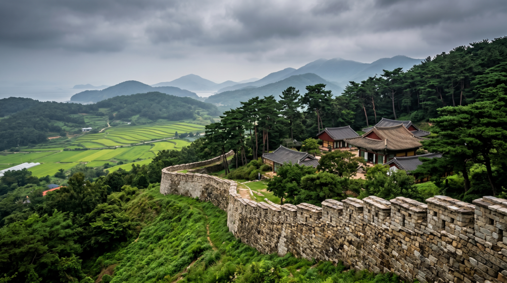 Ancient stone fortress wall and traditional temple on Ganghwa Island near Incheon South Korea
