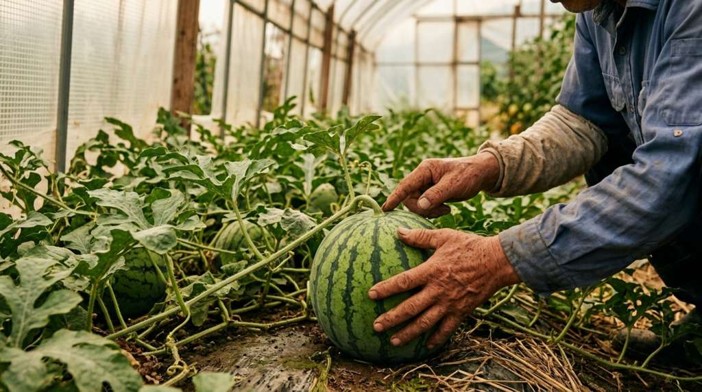 Korean farmer inspecting watermelon growing in a greenhouse farm