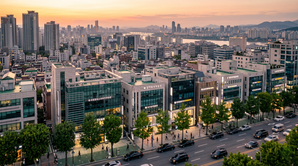 Aerial view of Gangnam Apgujeong Beauty Belt district in Seoul South Korea at golden hour