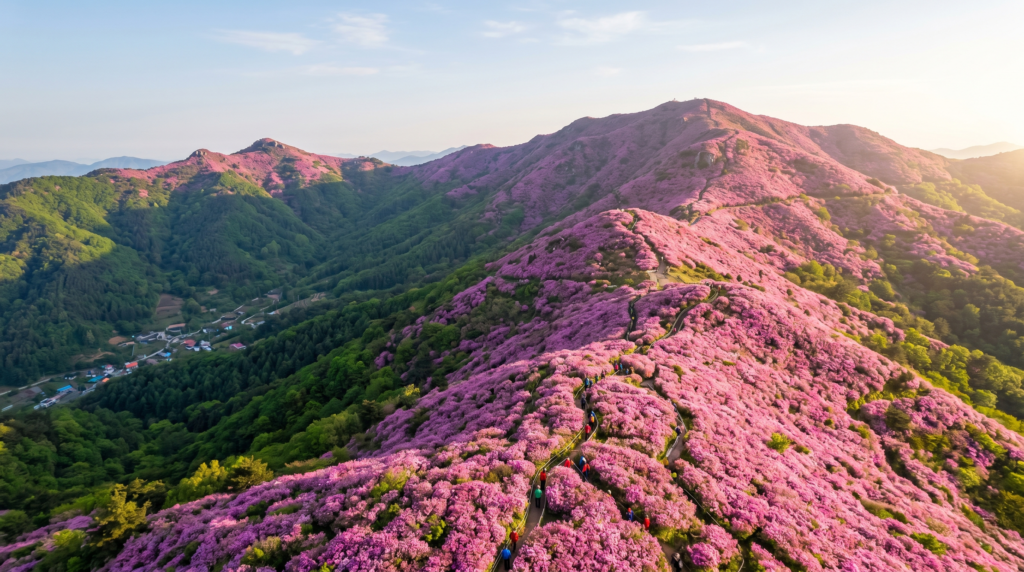 Aerial view of Hwangmaesan mountain ridgeline covered in pink azalea blooms during Korea's spring azalea festival season