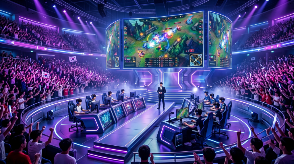 Korean esports arena packed with fans watching a professional League of Legends championship match on giant screens