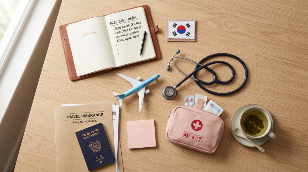 Medical travel planning flat lay with passport planner and health documents for plastic surgery trip to Korea