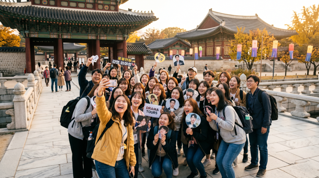 Excited K-drama fans visiting a famous filming location in Seoul representing cultural tour travel insurance considerations in Korea.