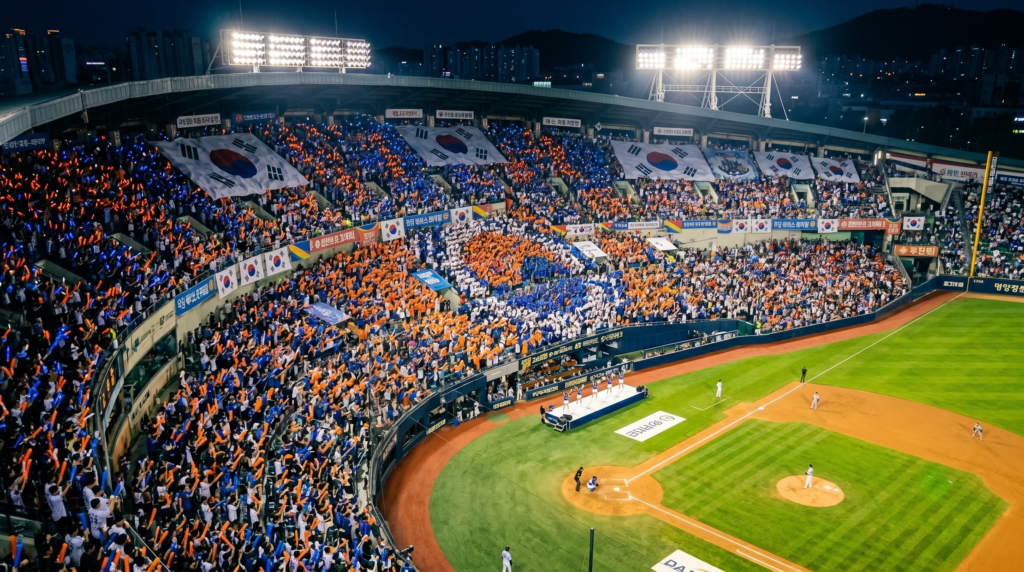Korean baseball stadium fan section with thousands of supporters raising thundersticks in synchronized cheer formation