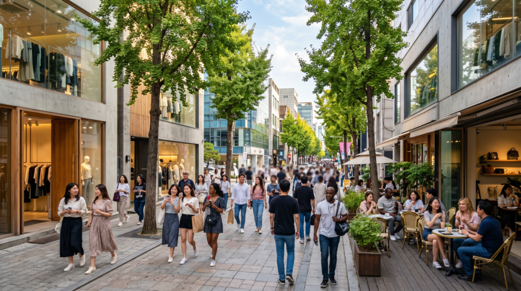 Tourists and fans walking along the boutique-lined streets of K Star Road in Apgujeong Gangnam Seoul Korea