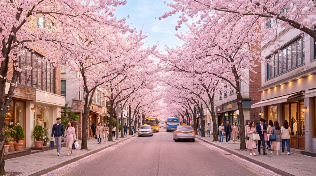 Cherry blossom lined street in Apgujeong Seoul South Korea in spring near K Star Road