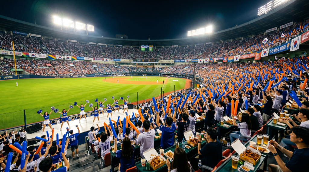 Packed KBO baseball stadium in Korea at night with fans holding thundersticks and team banners