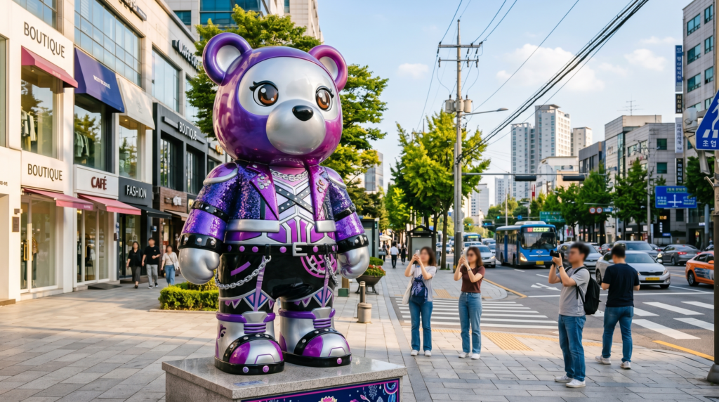 Colorful GangnamDol bear statue representing a K-pop idol group on K Star Road in Apgujeong, Gangnam, Seoul