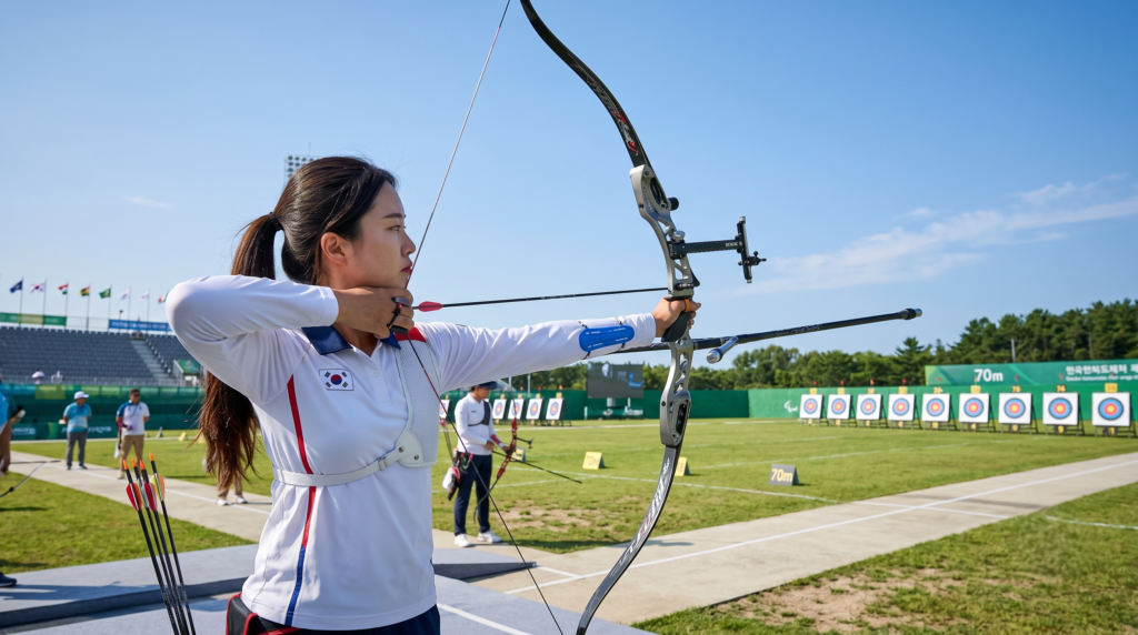 Korean Olympic archer drawing a recurve bow in perfect form during an international archery competition