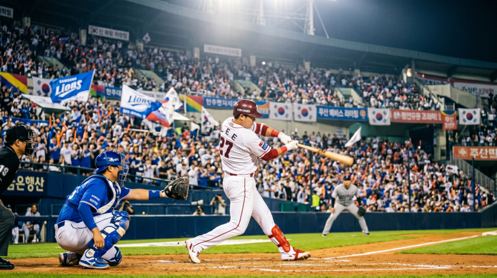 KBO baseball player in Korean uniform hitting a pitch during a professional league game in Seoul