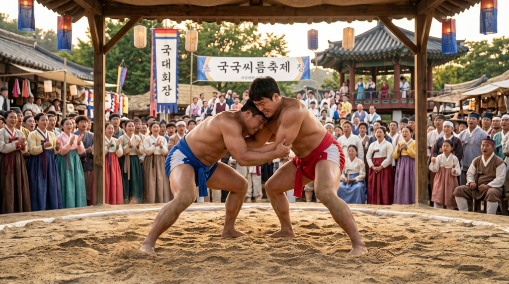 Two Korean ssireum wrestlers competing in a traditional sand ring during a cultural festival in Korea