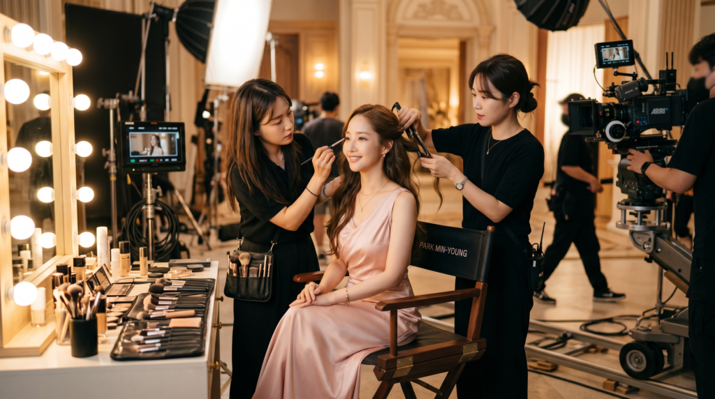 Korean drama actress in makeup chair on professional K-drama production set with makeup artists
