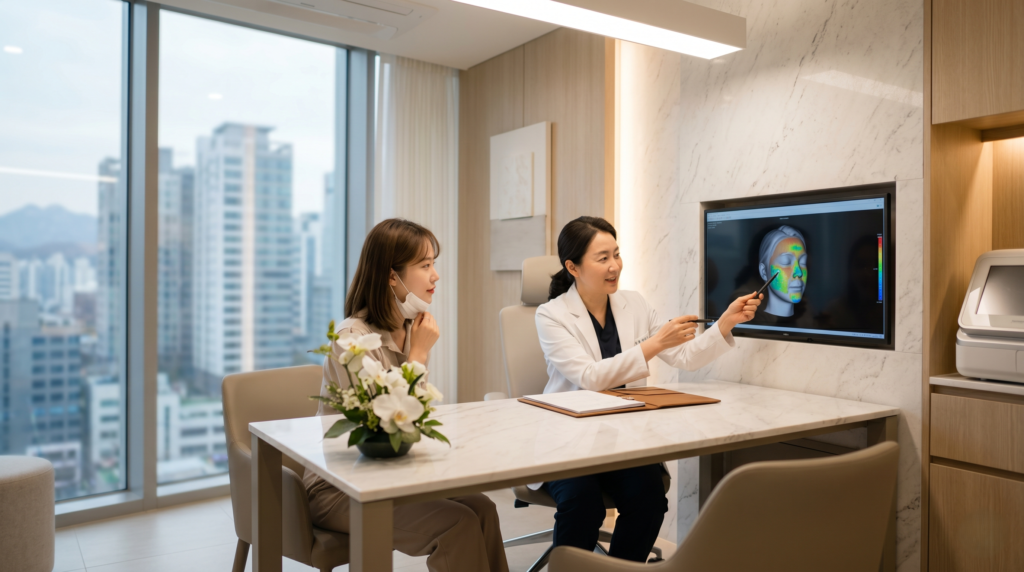  Female Korean plastic surgeon consulting with patient in modern Seoul clinic consultation room